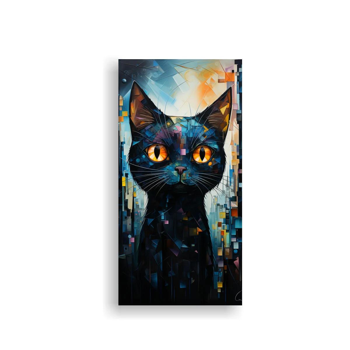 Cuadro gato negro de ojos naranjas con estilo mosaico