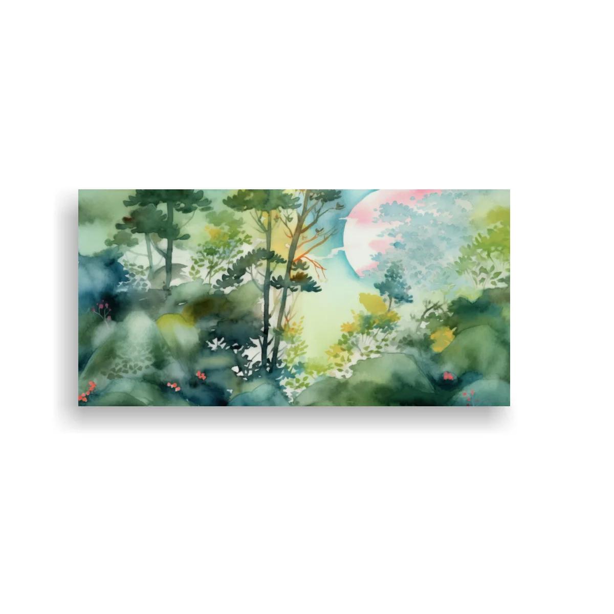 Cuadro bosque con luna pálida y acentos rosados