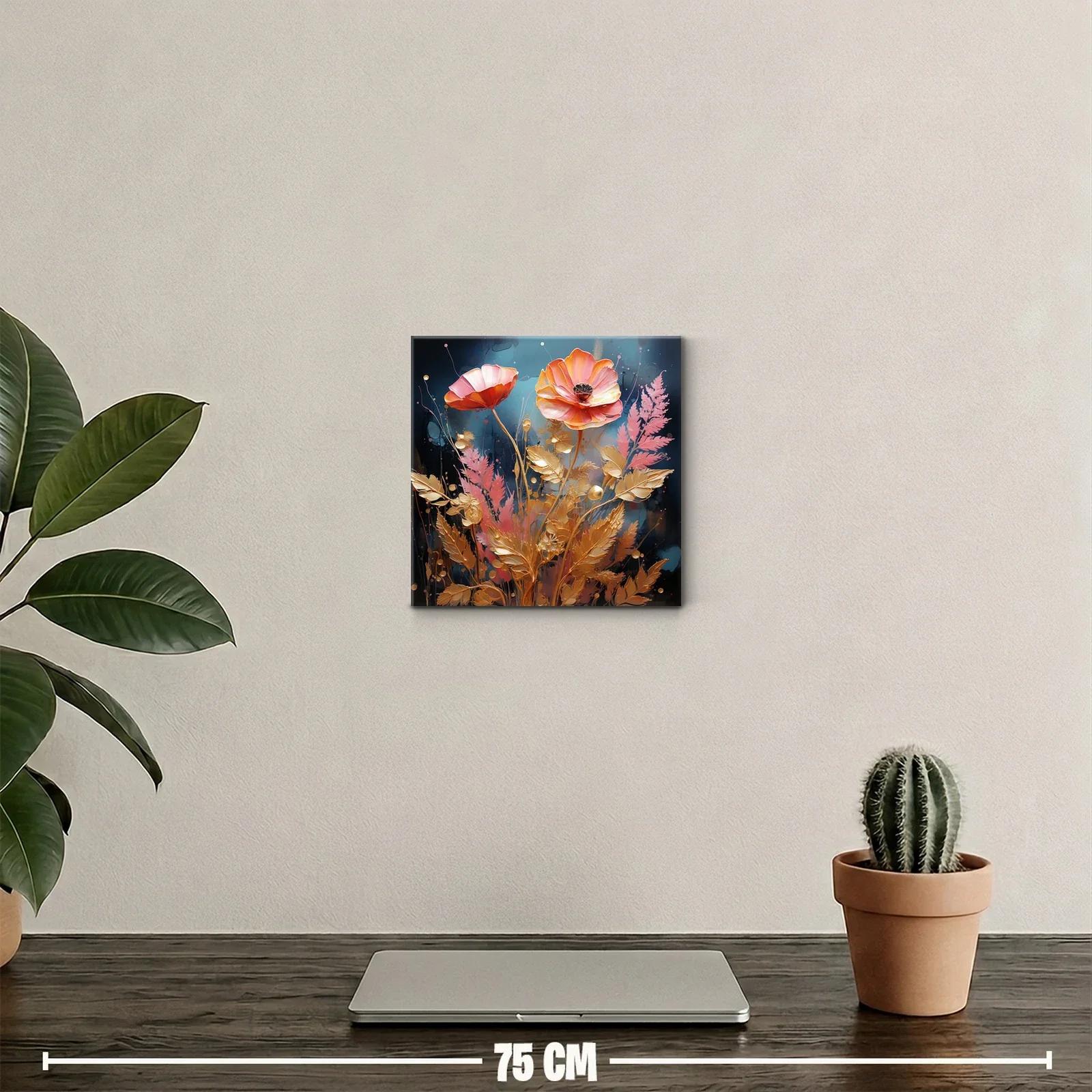 Cuadro floral vibrante con tonos dorados y rosados — miniatura 2