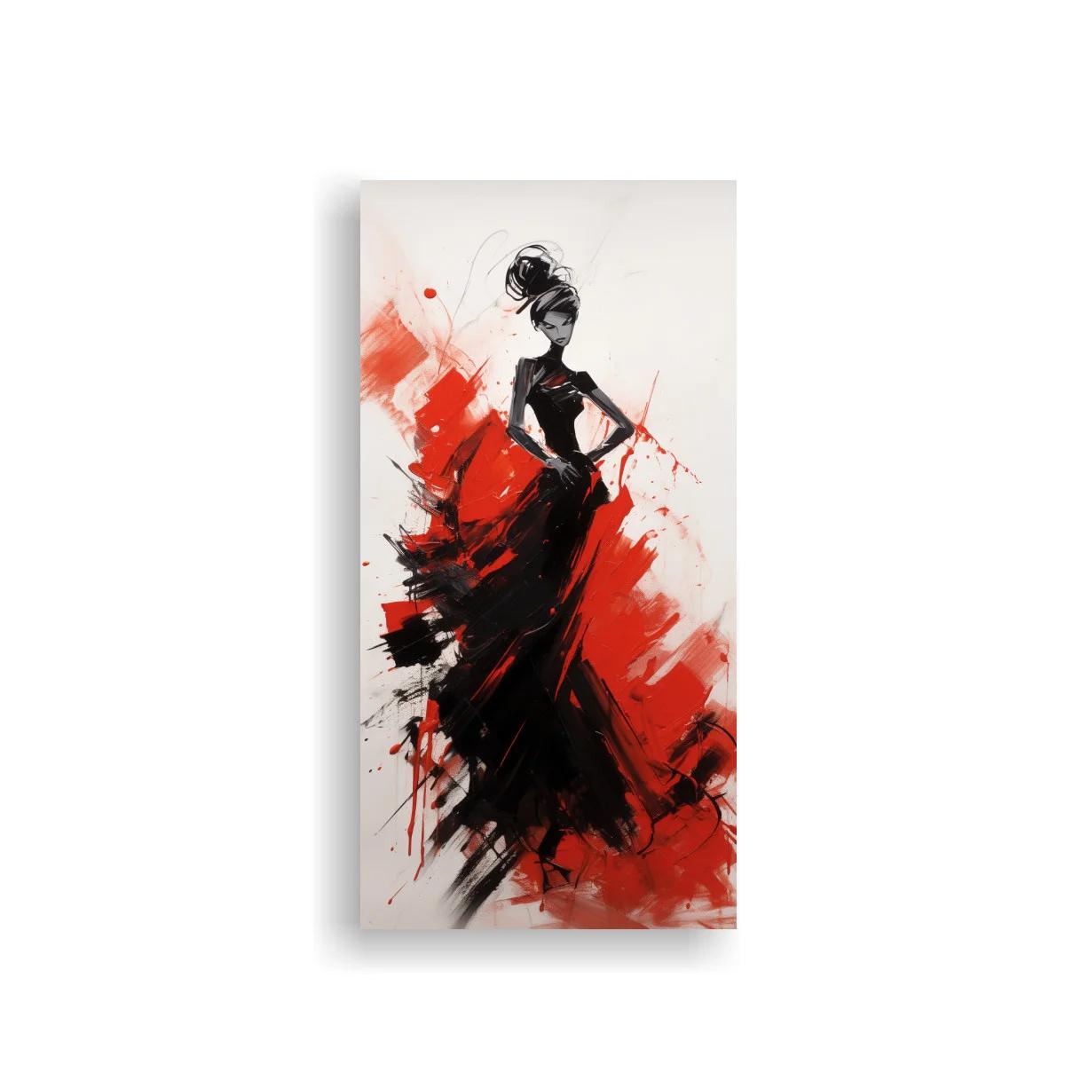 Cuadro mujer con vestido largo negro y manchas rojas — imagen principal