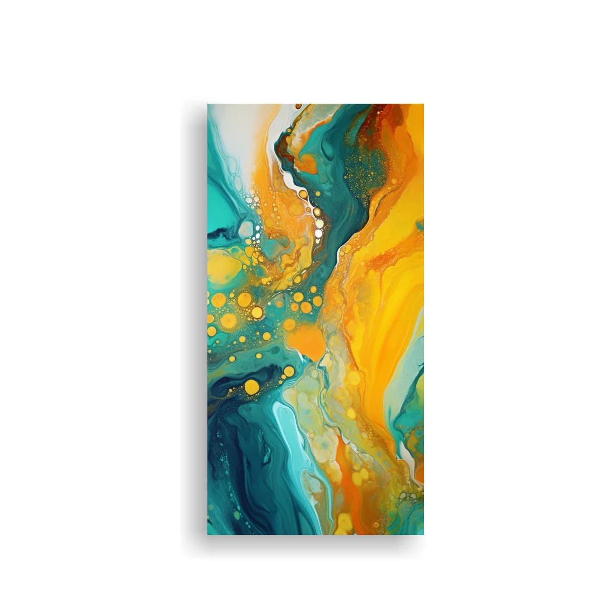 Cuadro abstracto en turquesa y dorado con salpicaduras redondas
