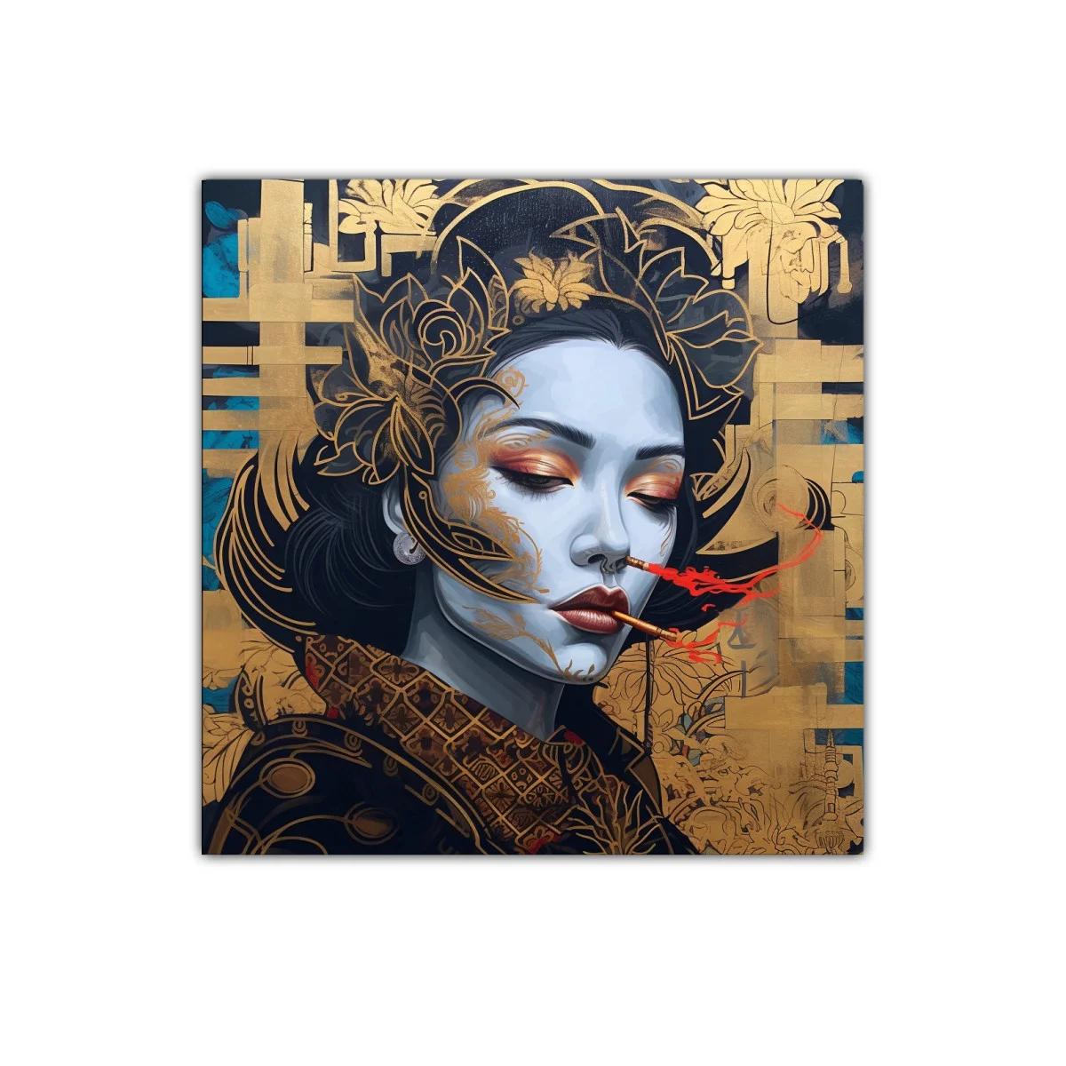 Retrato femenino con detalles dorados y humo rojo intenso — imagen principal