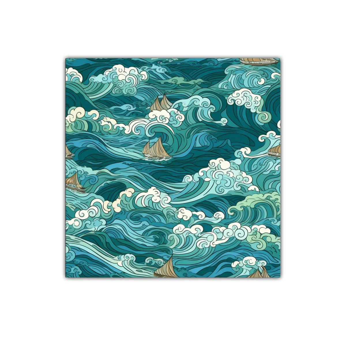 Cuadro decorativo verde azul con olas y barcos navegando — imagen principal