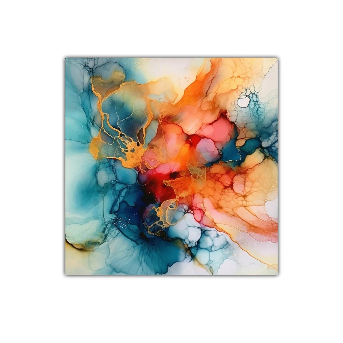 Cuadro abstracto con fluidez en tonos cálidos y azules — imagen principal
