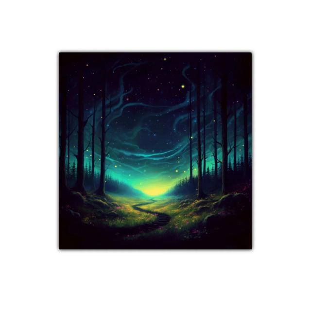 Paisaje nocturno mágico con sendero iluminado y cielo estrellado