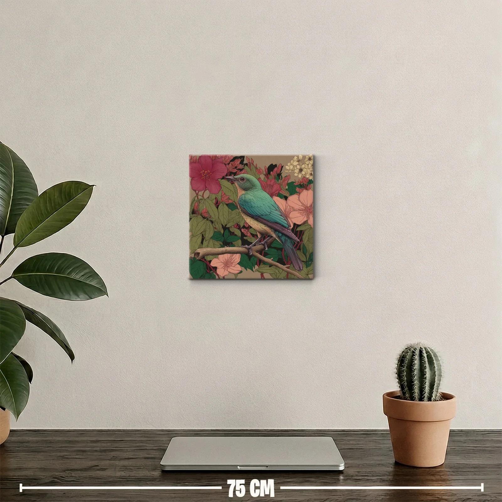 Pájaro colorido entre flores delicadas y hojas verdes — miniatura 2