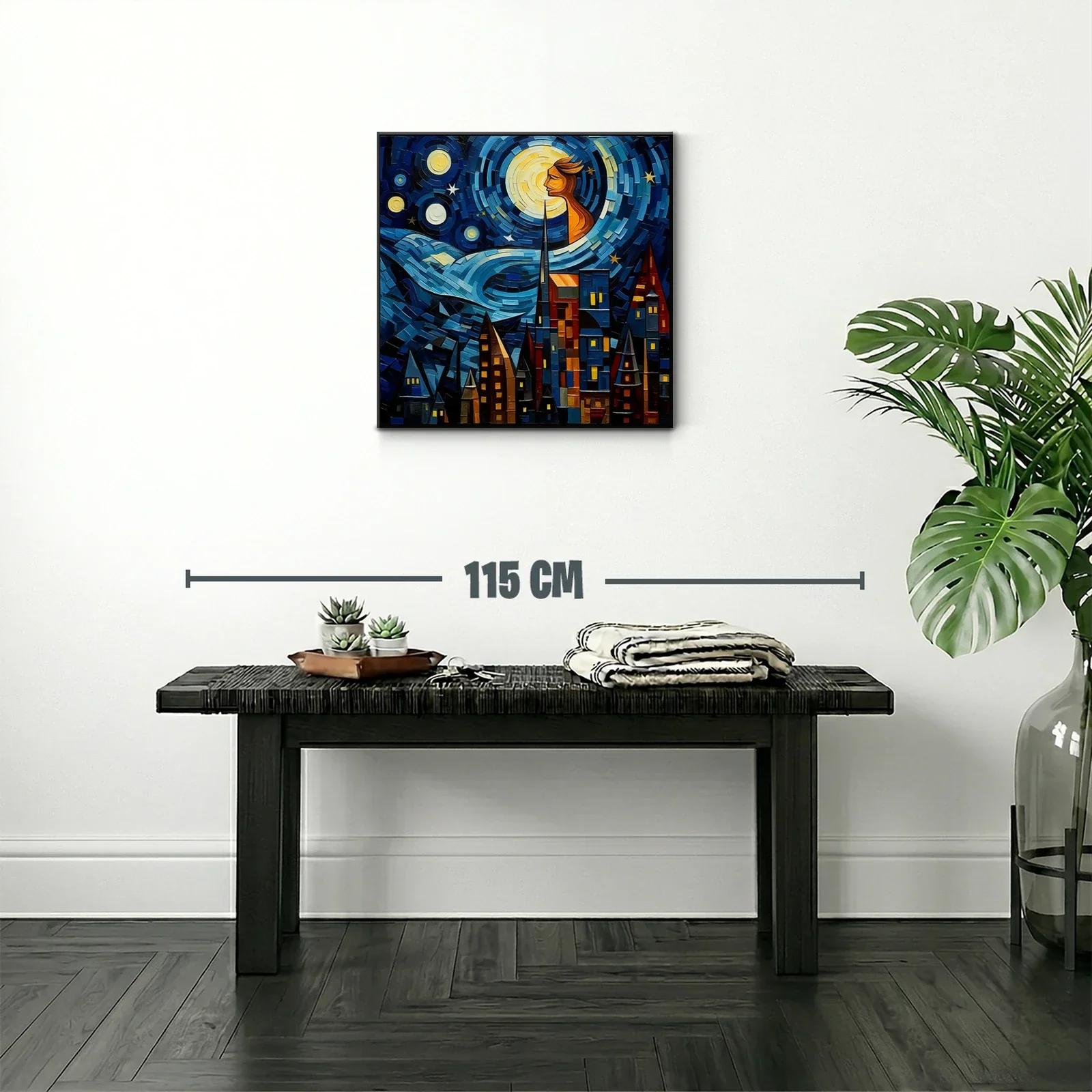 Paisaje urbano bajo un cielo estrellado con figura luminosa — miniatura 2
