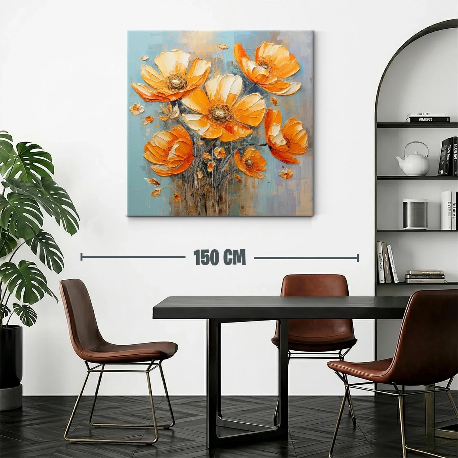 Cuadro floral vibrante en tonos cálidos y fondo azul — miniatura 2