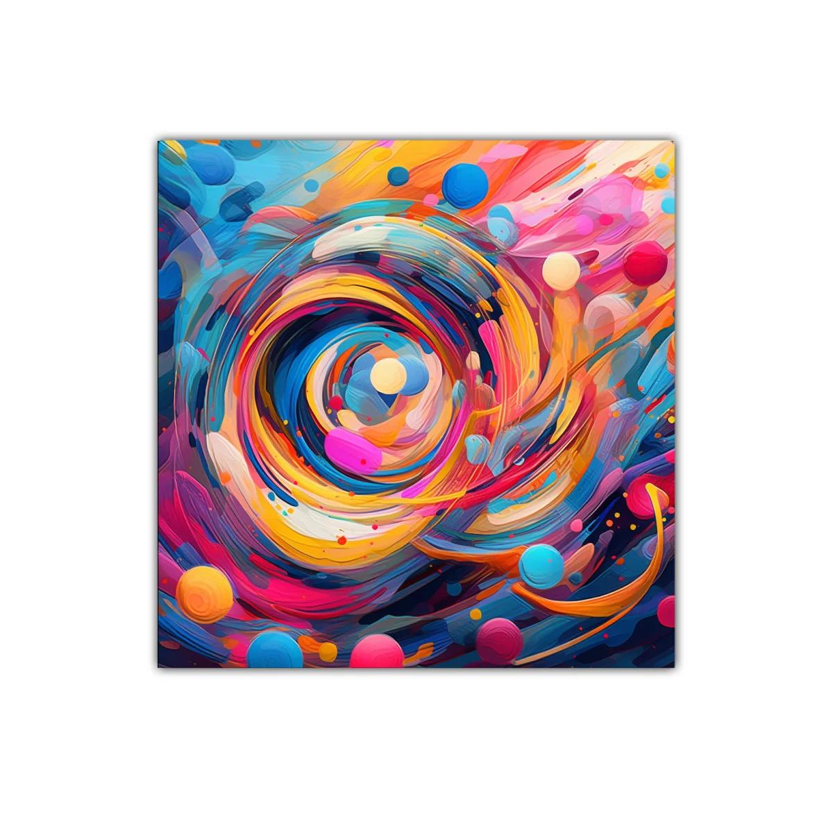 Cuadro abstracto con remolino de colores vibrantes y esferas