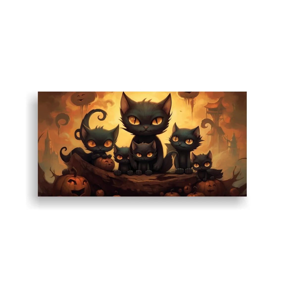 Cuadro grupo de gatos negros entre calabazas de Halloween