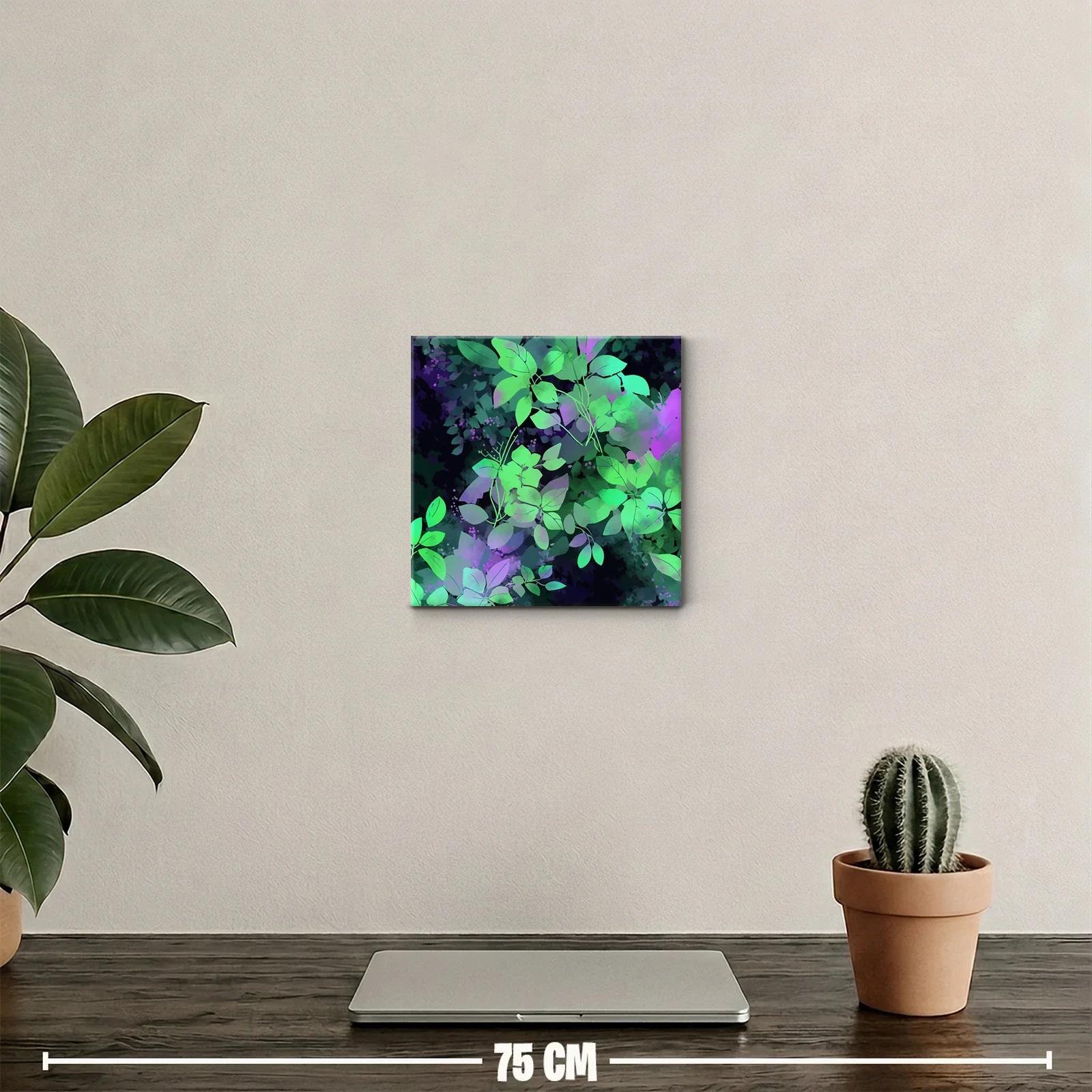 Cuadro decorativo con hojas verdes y fondo en púrpura oscuro — miniatura 2