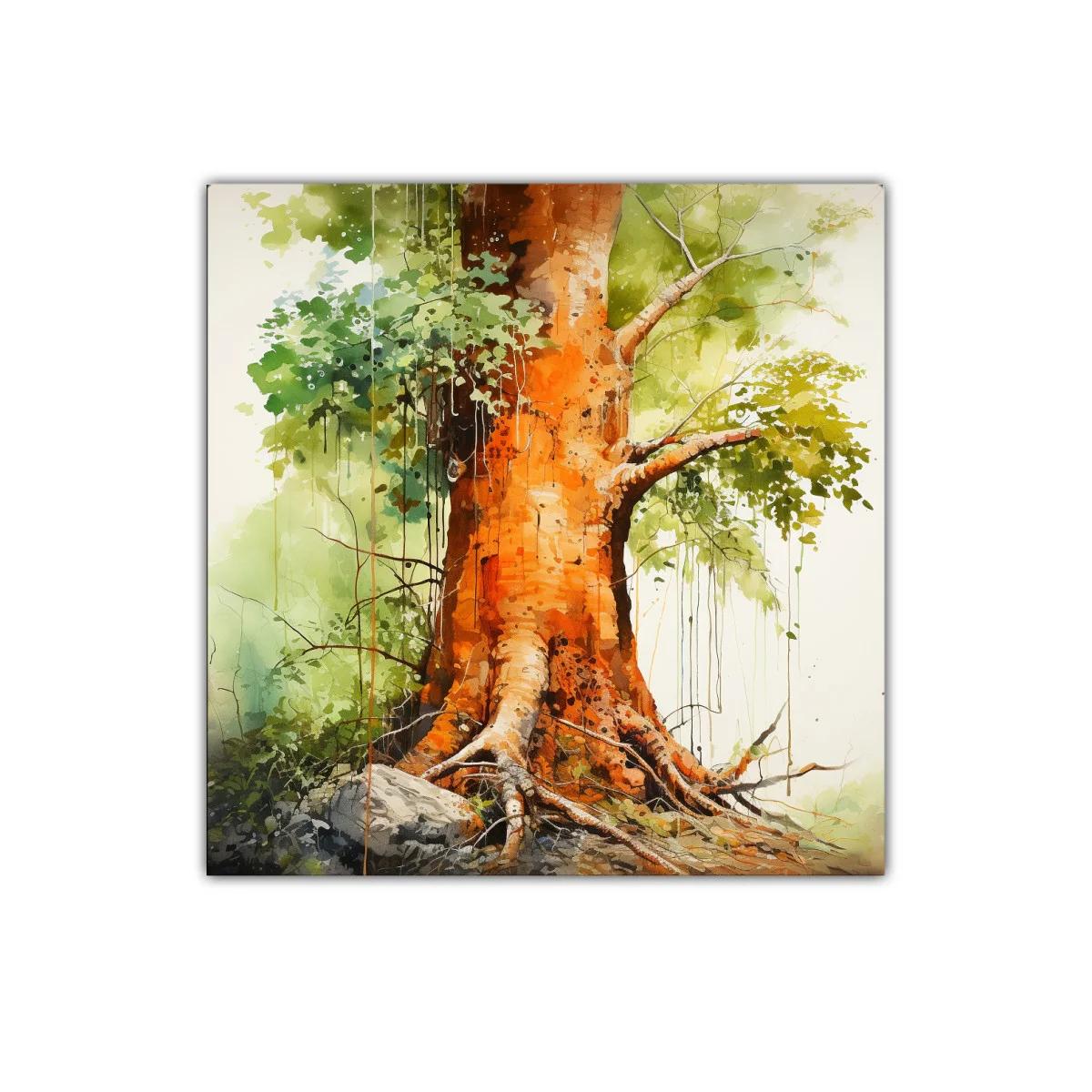 Raíces y tronco de árbol con tonos cálidos y verdes vivos — imagen principal