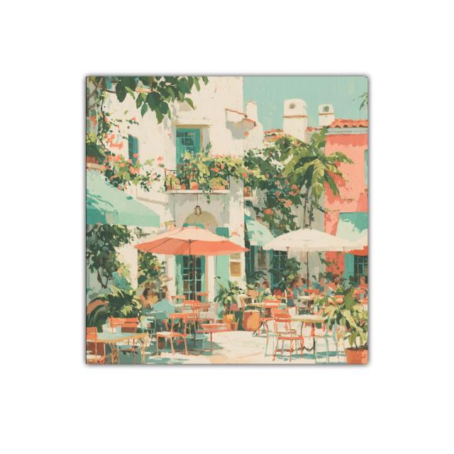 Encantador rincón de terraza mediterránea con sombrillas y flores