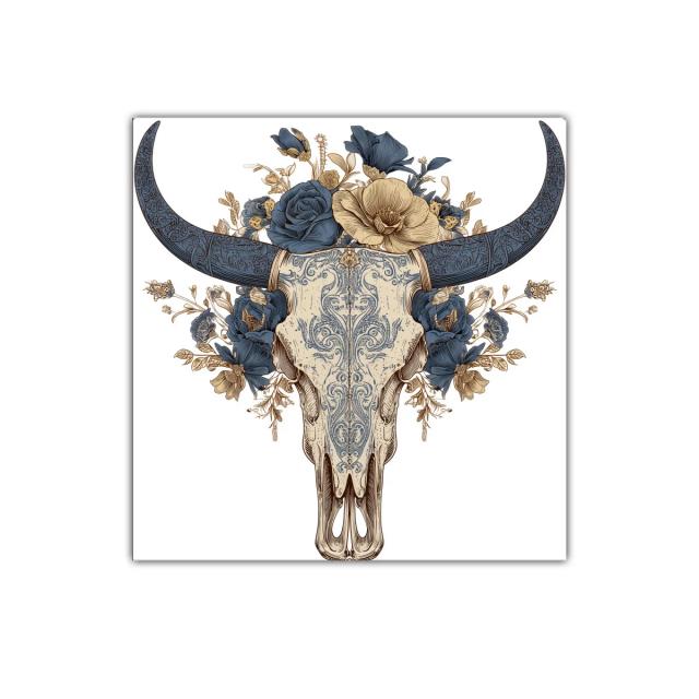 Calavera de toro decorativa con flores azul y beige