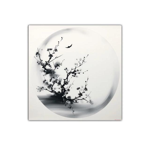 Cuadro decorativo con rama y pájaro en tonos grises