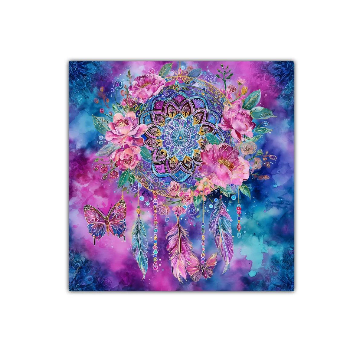 Cuadro decorativo mandala floral con mariposas en tonos vibrantes