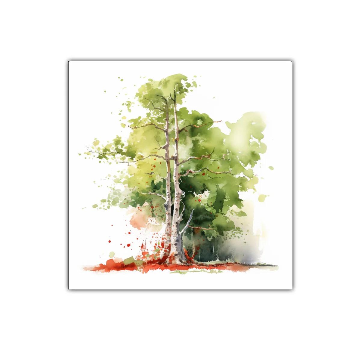 Cuadro decorativo árbol en acuarela tonos verdes y tierra — miniatura 1