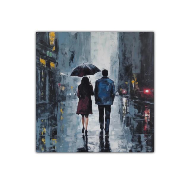 Paseo bajo la lluvia con paraguas en ciudad nocturna