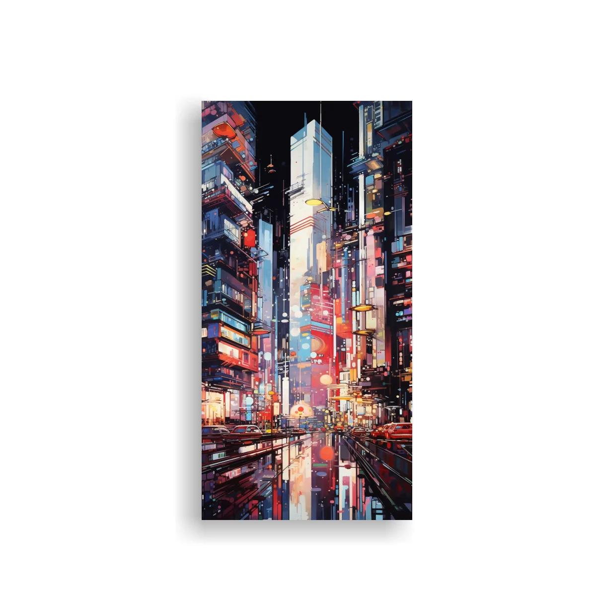 Cuadro calle urbana futurista con torre luminosa