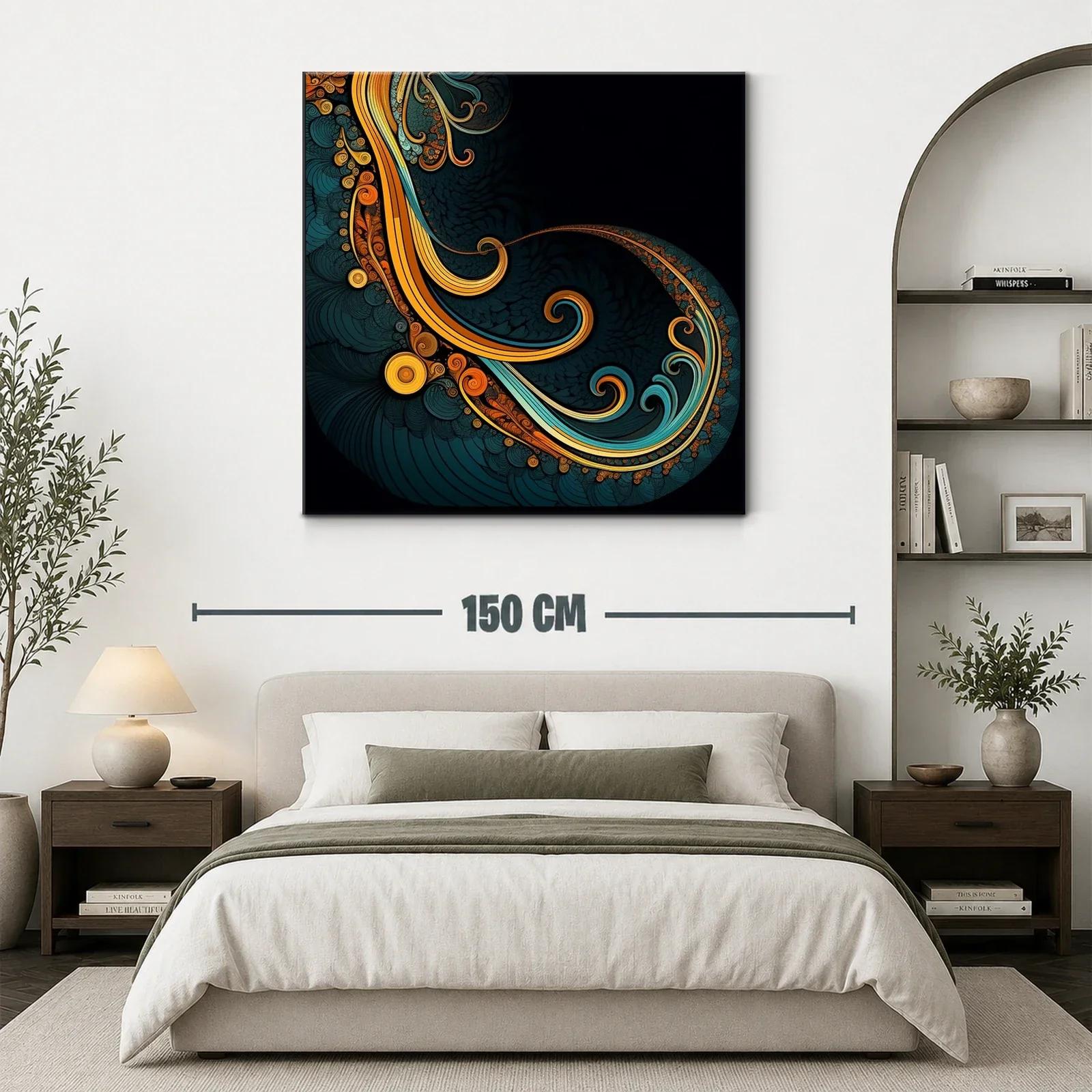Cuadro abstracto con formas onduladas en tonos cálidos y azulados — miniatura 3