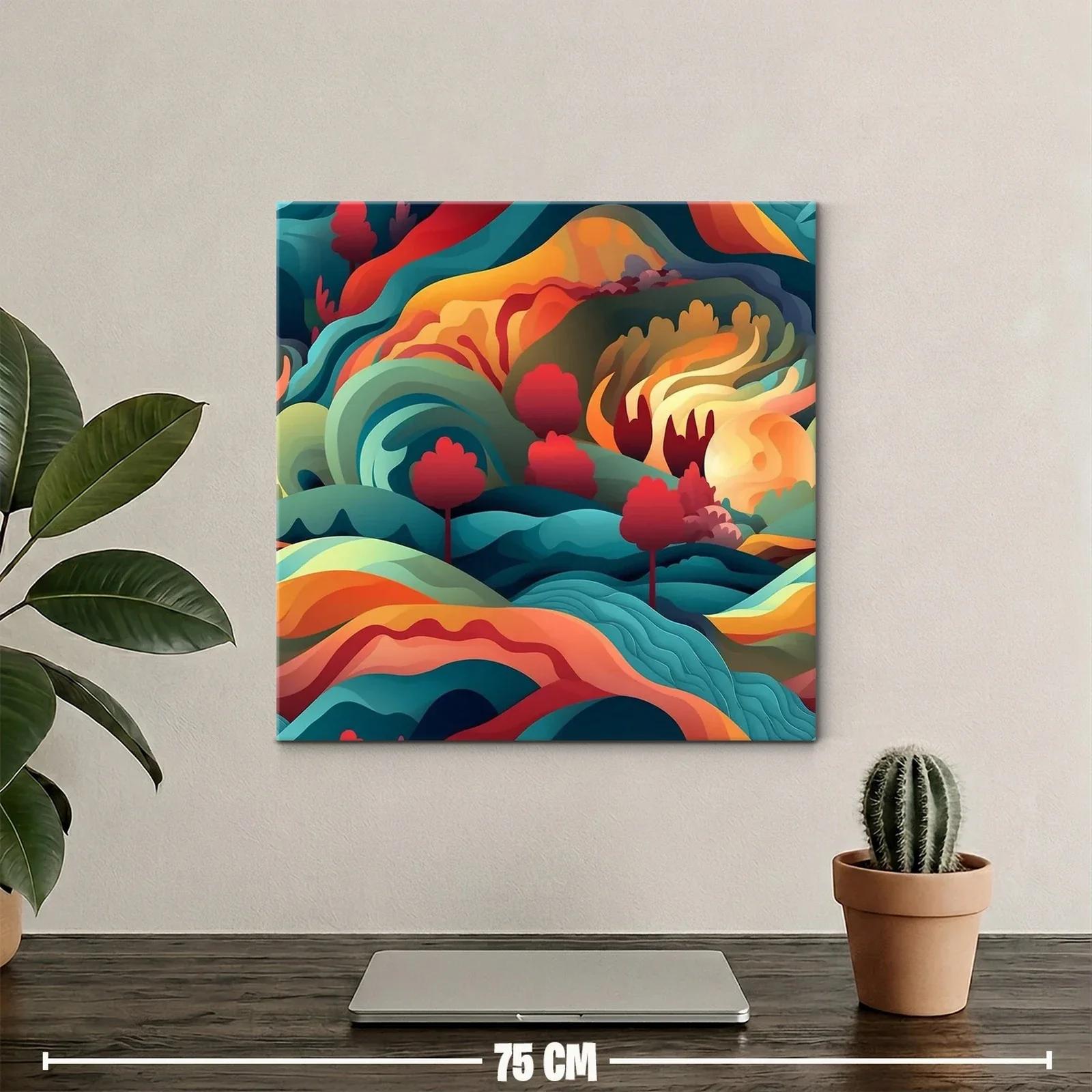 Paisaje abstracto con vibrantes formas ondulantes y árboles rojos — miniatura 2