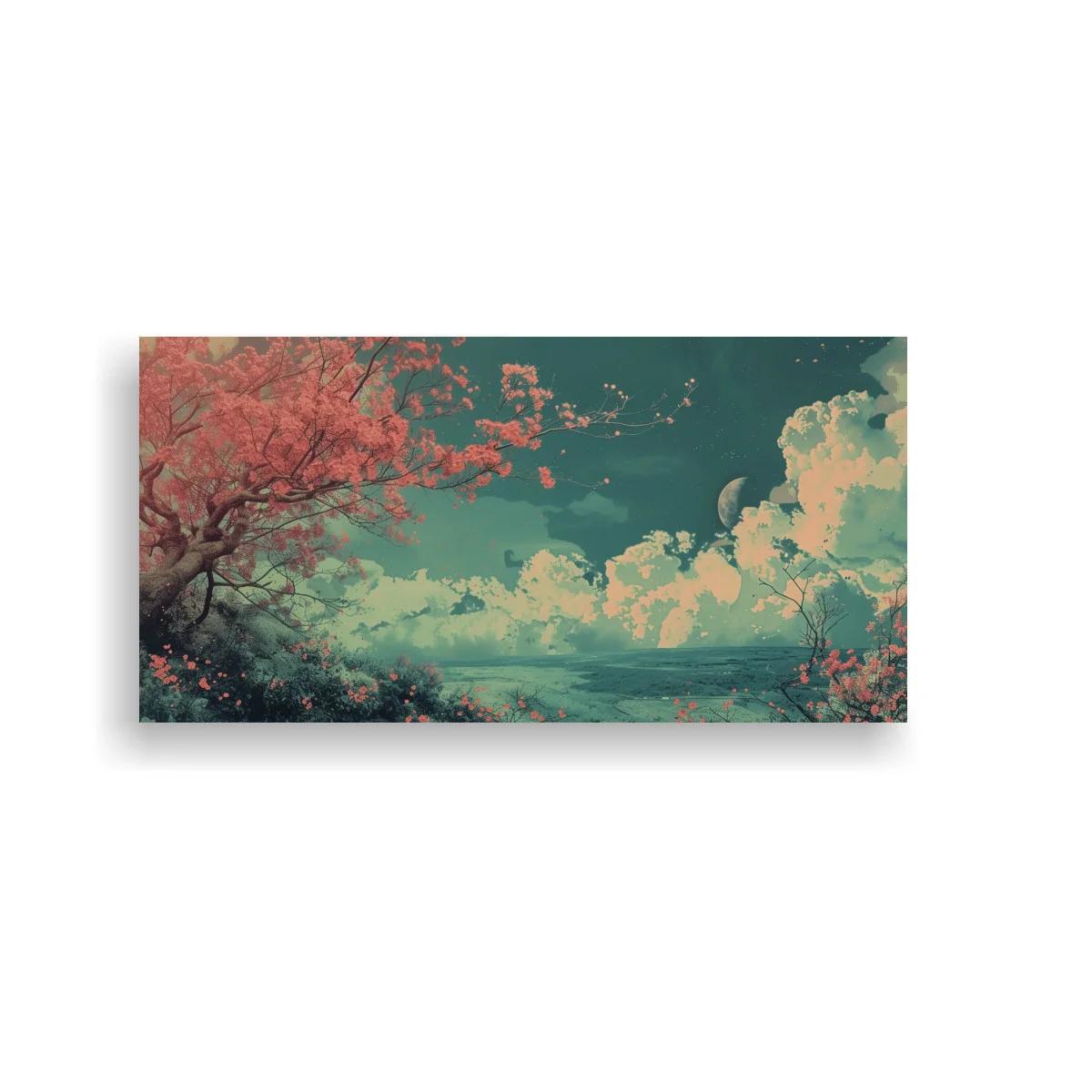 Cuadro árbol en flor rosa con cielo turquesa