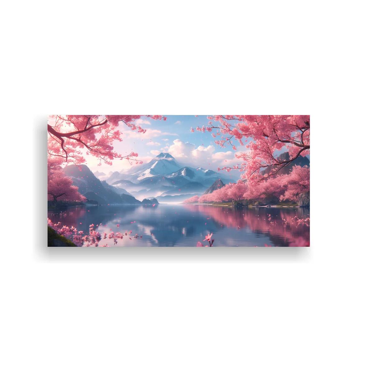 Cuadro paisaje de montaña con cerezos en flor y lago sereno
