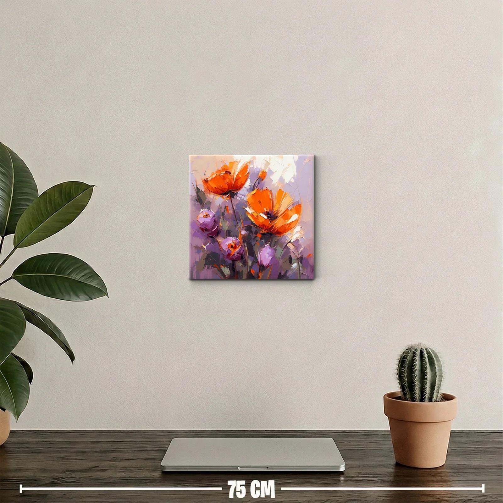 Cuadro floral vibrante con tonos naranja y morado — miniatura 2