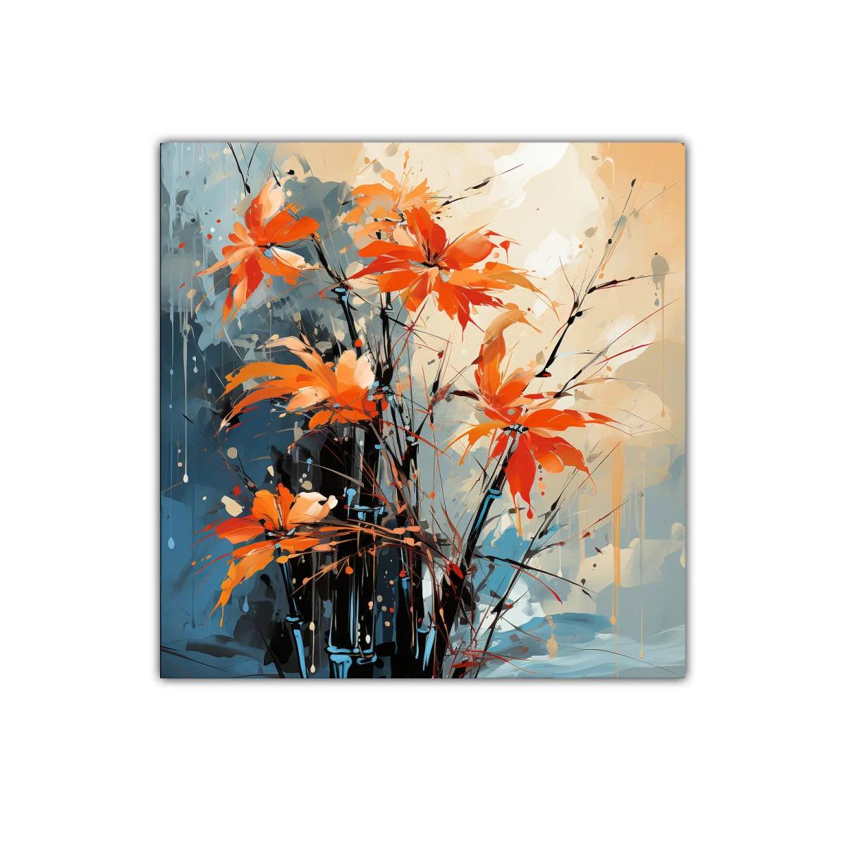 Cuadro floral con flores vibrantes en tonos anaranjados y azulados — imagen principal