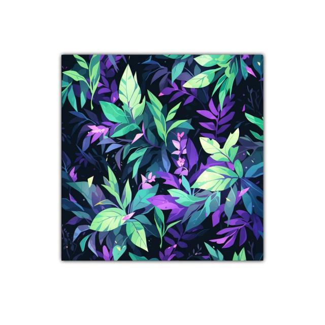 Cuadro decorativo con hojas en tonos verdes y violetas