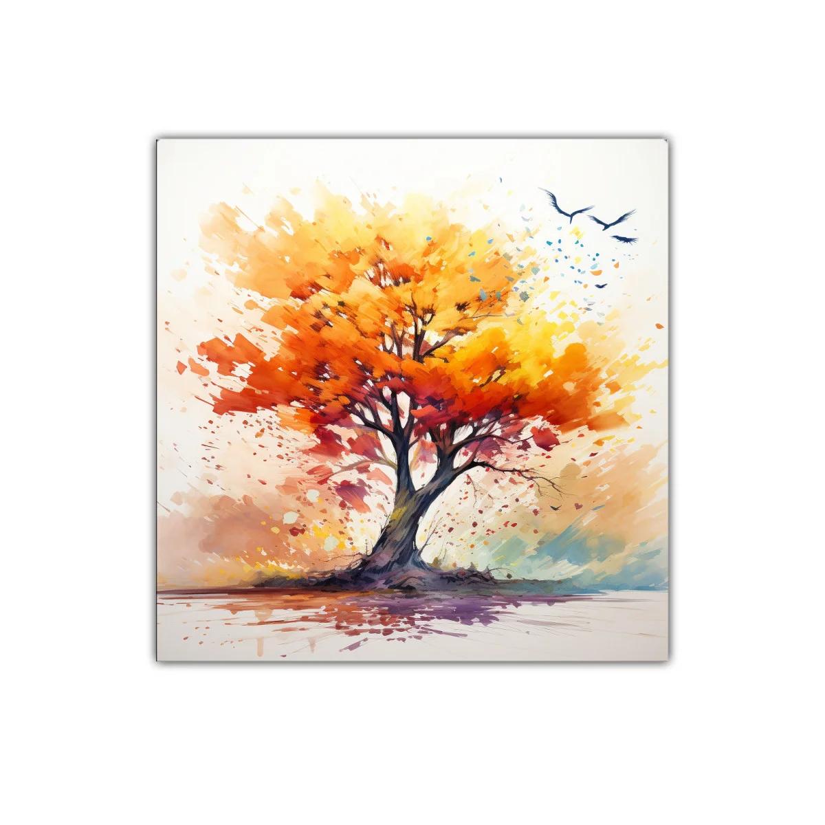 Árbol vibrante con tonos cálidos y vuelo de aves — imagen principal