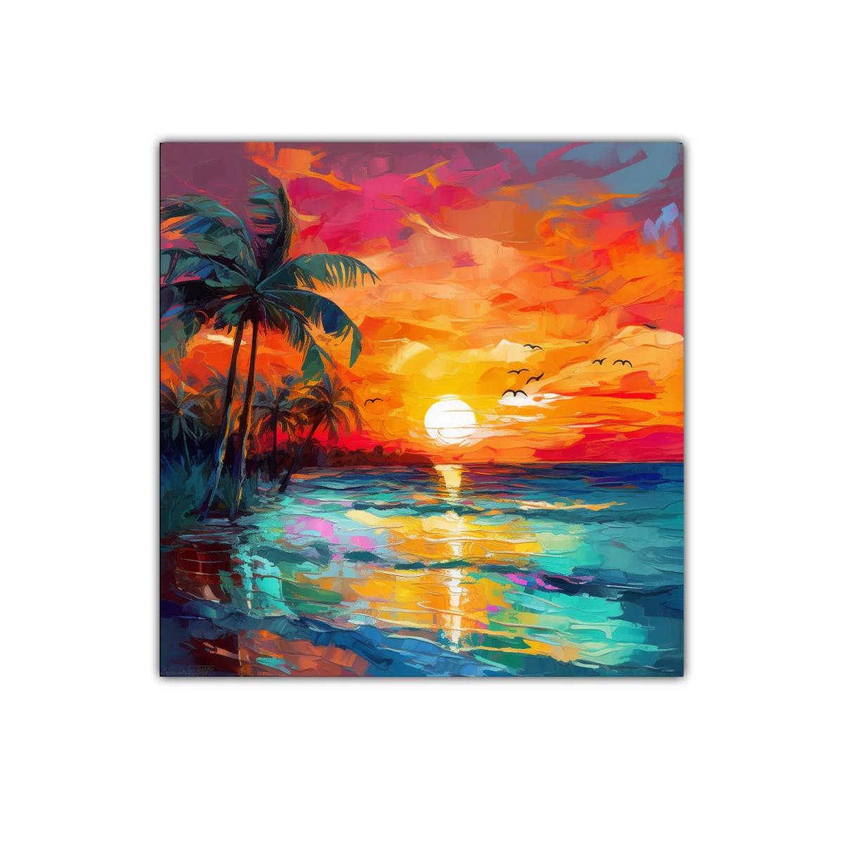 Atardecer vibrante con palmeras y reflejos en el mar