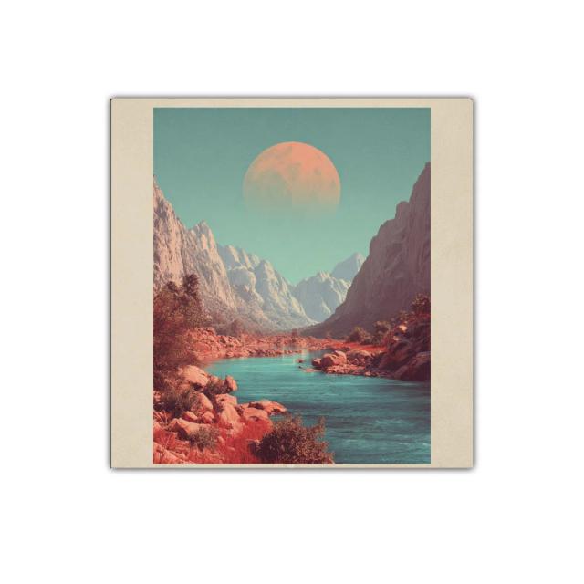 Paisaje montañoso con río y luna en tonos cálidos y fríos