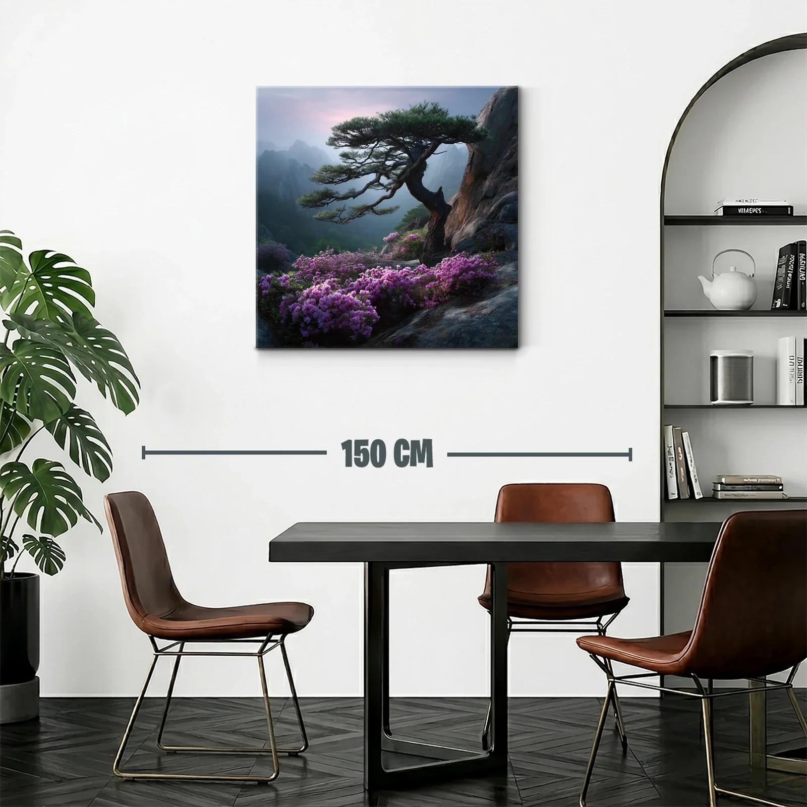 Paisaje sereno con árbol y flores sobre rocas en montaña — miniatura 2