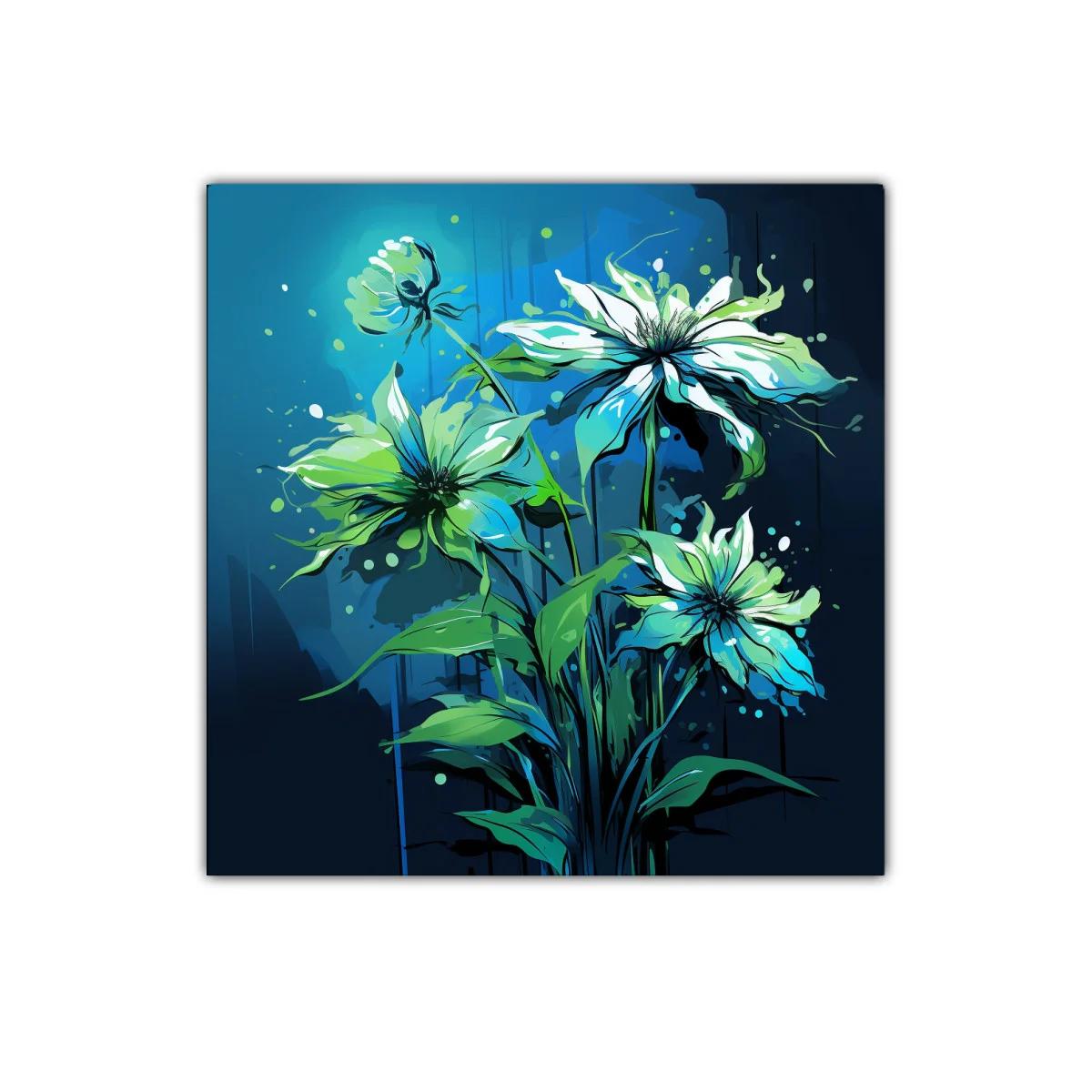 Cuadro floral en tonos azules y verdes vibrantes
