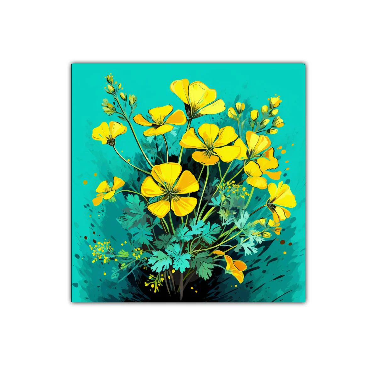 Cuadro decorativo flores amarillas sobre fondo turquesa vibrante