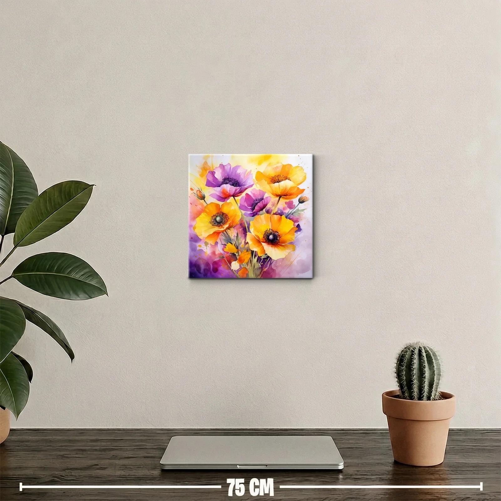Cuadro floral vibrante con flores en tonos cálidos y lilas — miniatura 2