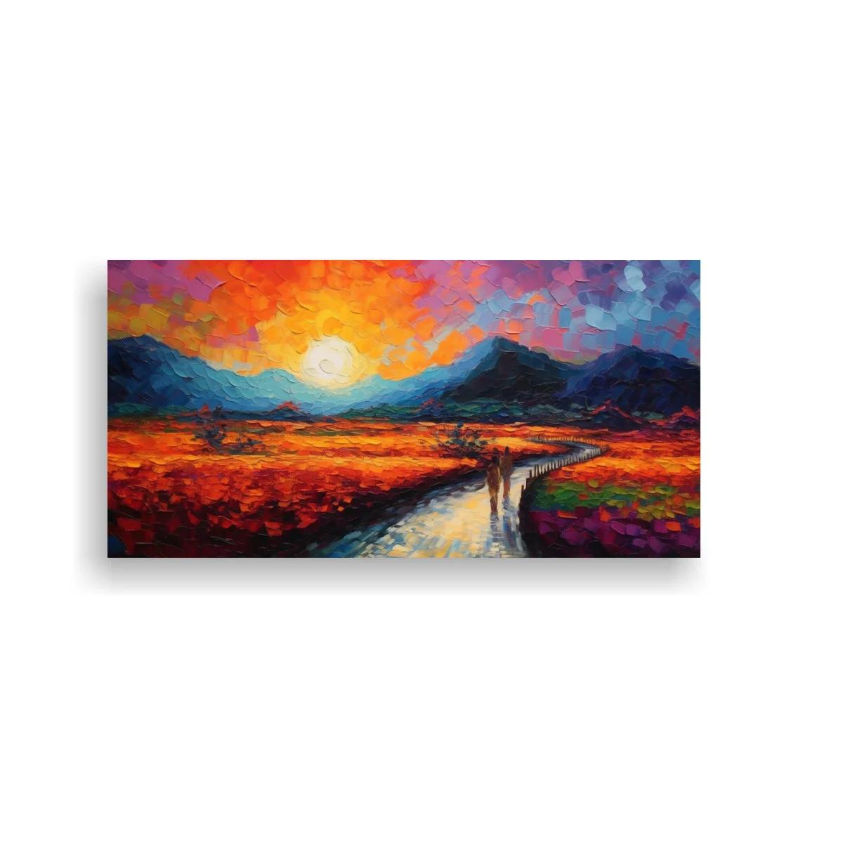Cuadro paisaje de montaña al atardecer con camino serpenteante