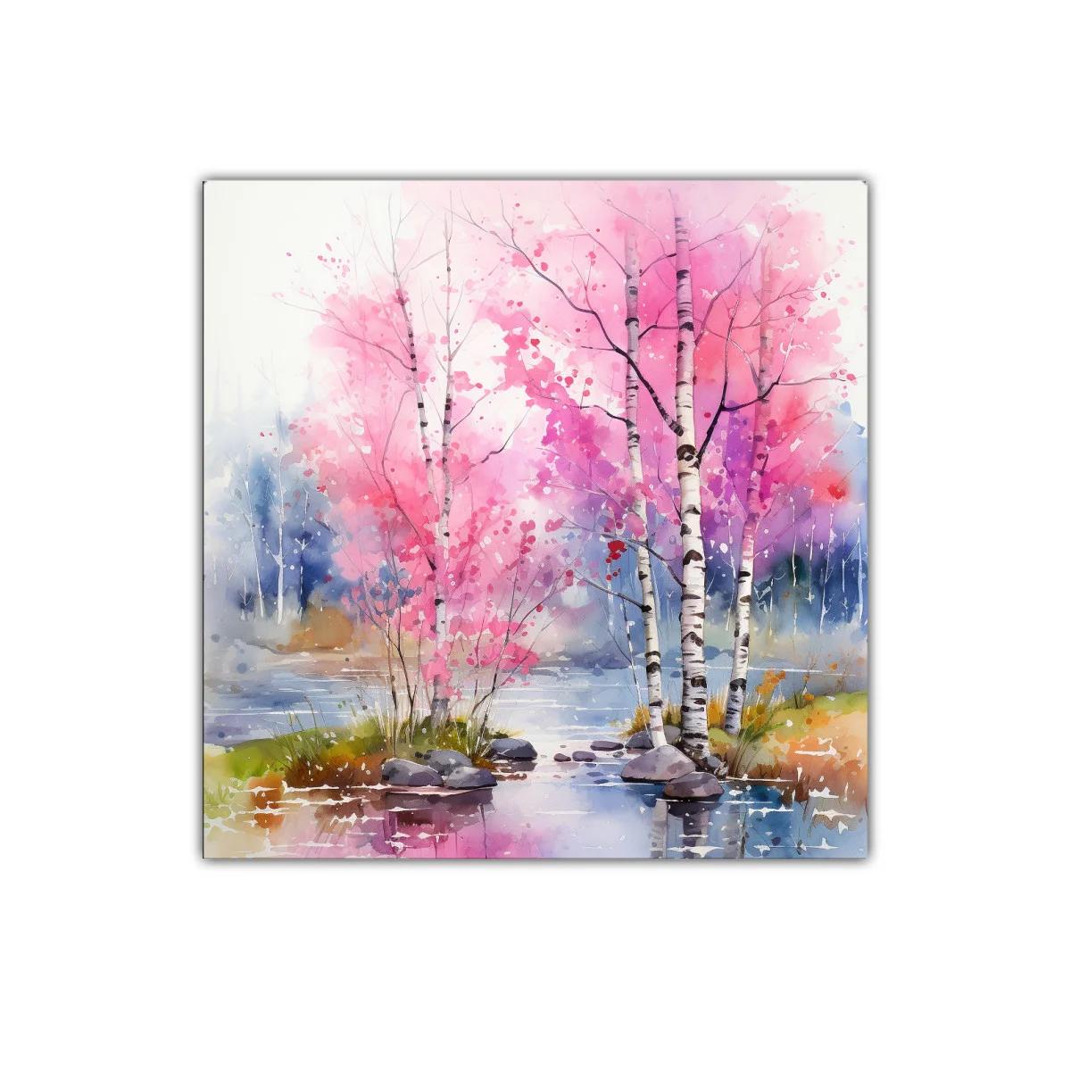 Paisaje sereno con árboles rosas y reflejos en el agua — imagen principal