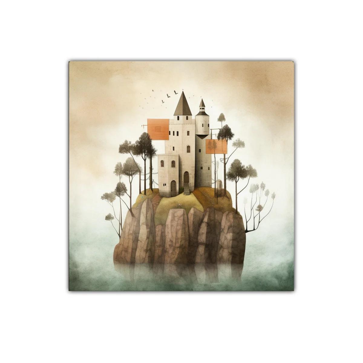 Castillo en isla rocosa con árboles y cielo brumoso — imagen principal