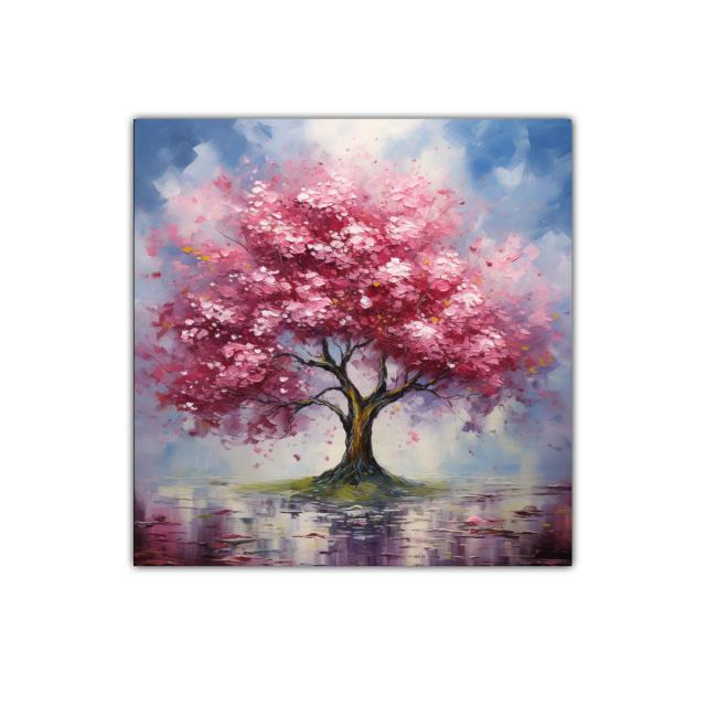 Árbol rosa en paisaje sereno con reflejos delicados