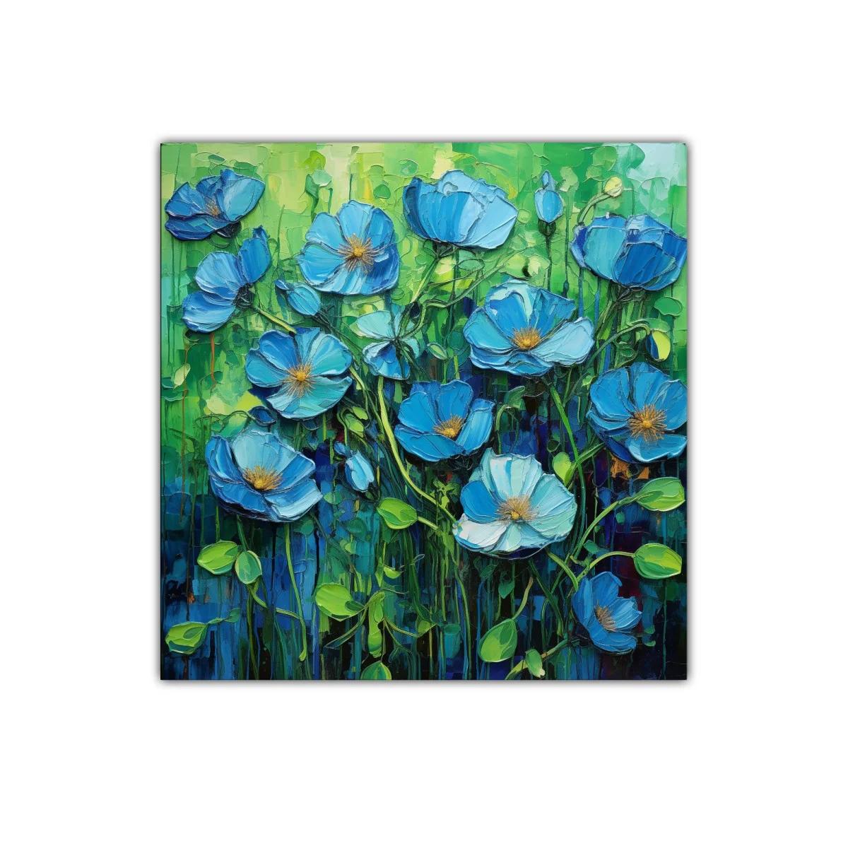 Flores Azules Vibrantes en Fondo Verde Intenso