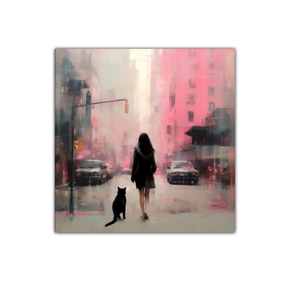 Calle urbana con figura femenina y gato en tonos rosas