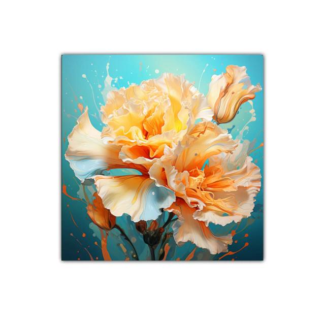 Cuadro floral vibrante en tonos cálidos y fondo azul