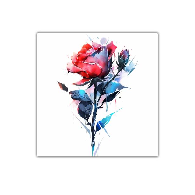 Cuadro decorativo de rosa en tonos rojos y azules vibrantes