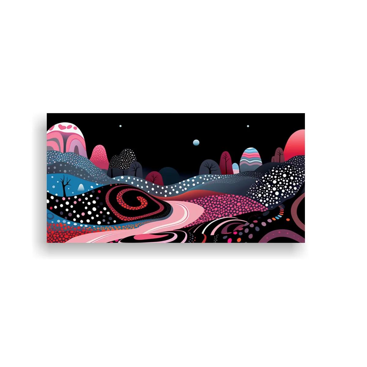 Cuadro paisaje abstracto de colinas con sendero rosado serpenteante