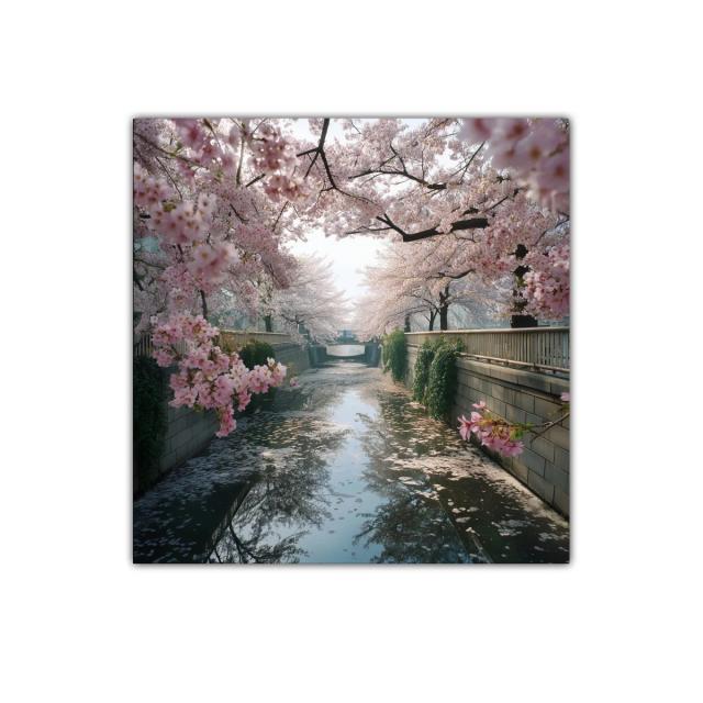 Paisaje sereno con cerezos en flor junto al río tranquilo