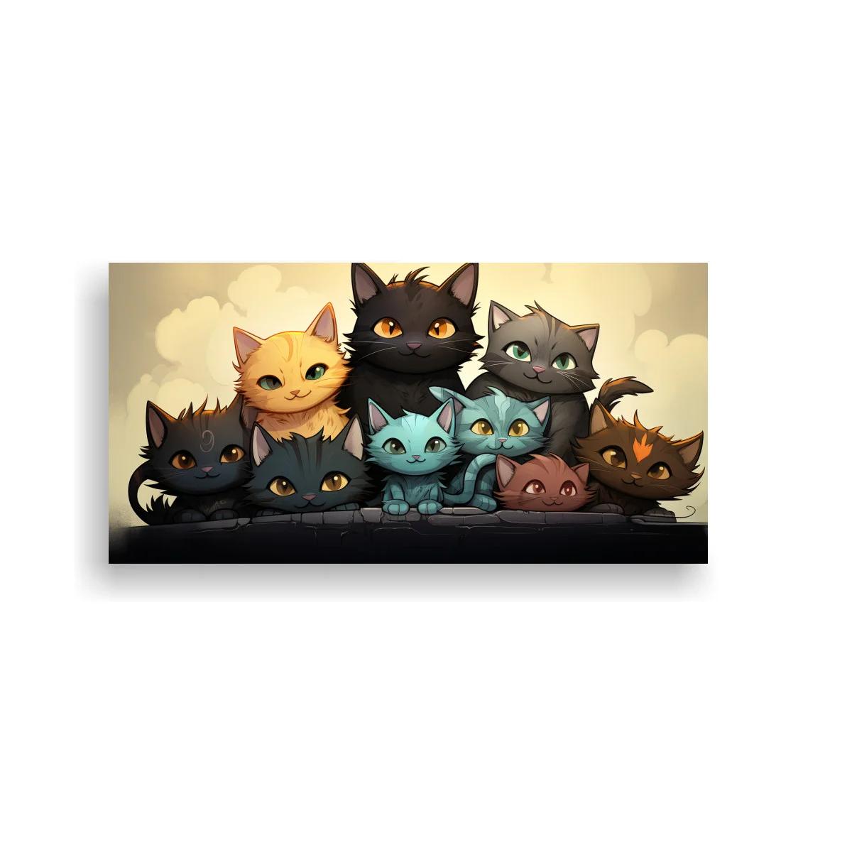 Cuadro grupo de gatos con figura negra alta detrás — imagen principal