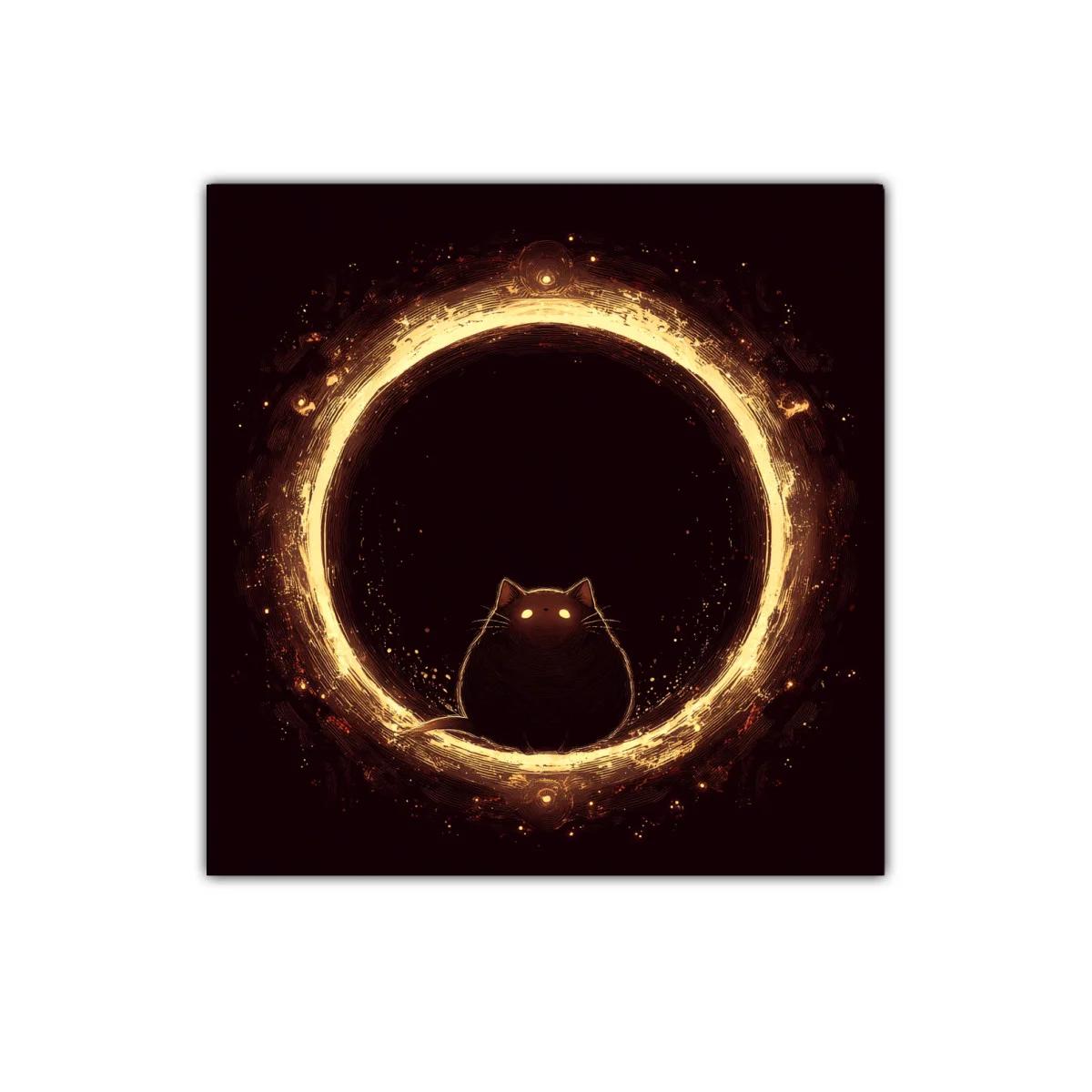 Gato misterioso en círculo de luz dorada brillante