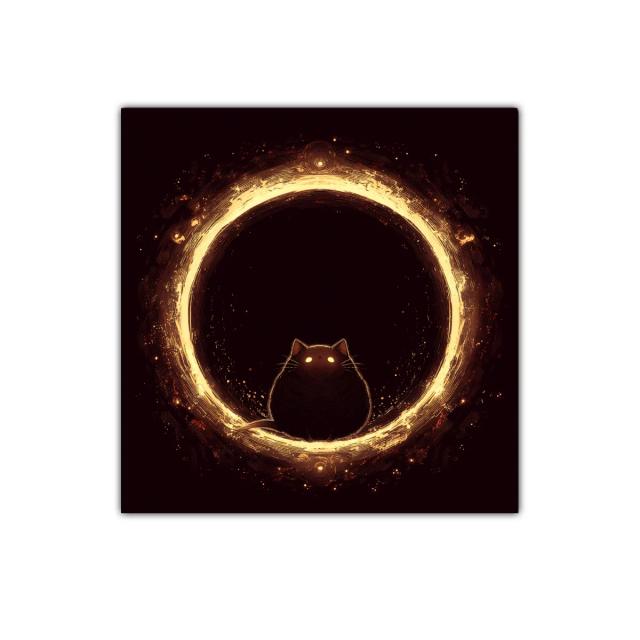 Gato misterioso en círculo de luz dorada brillante